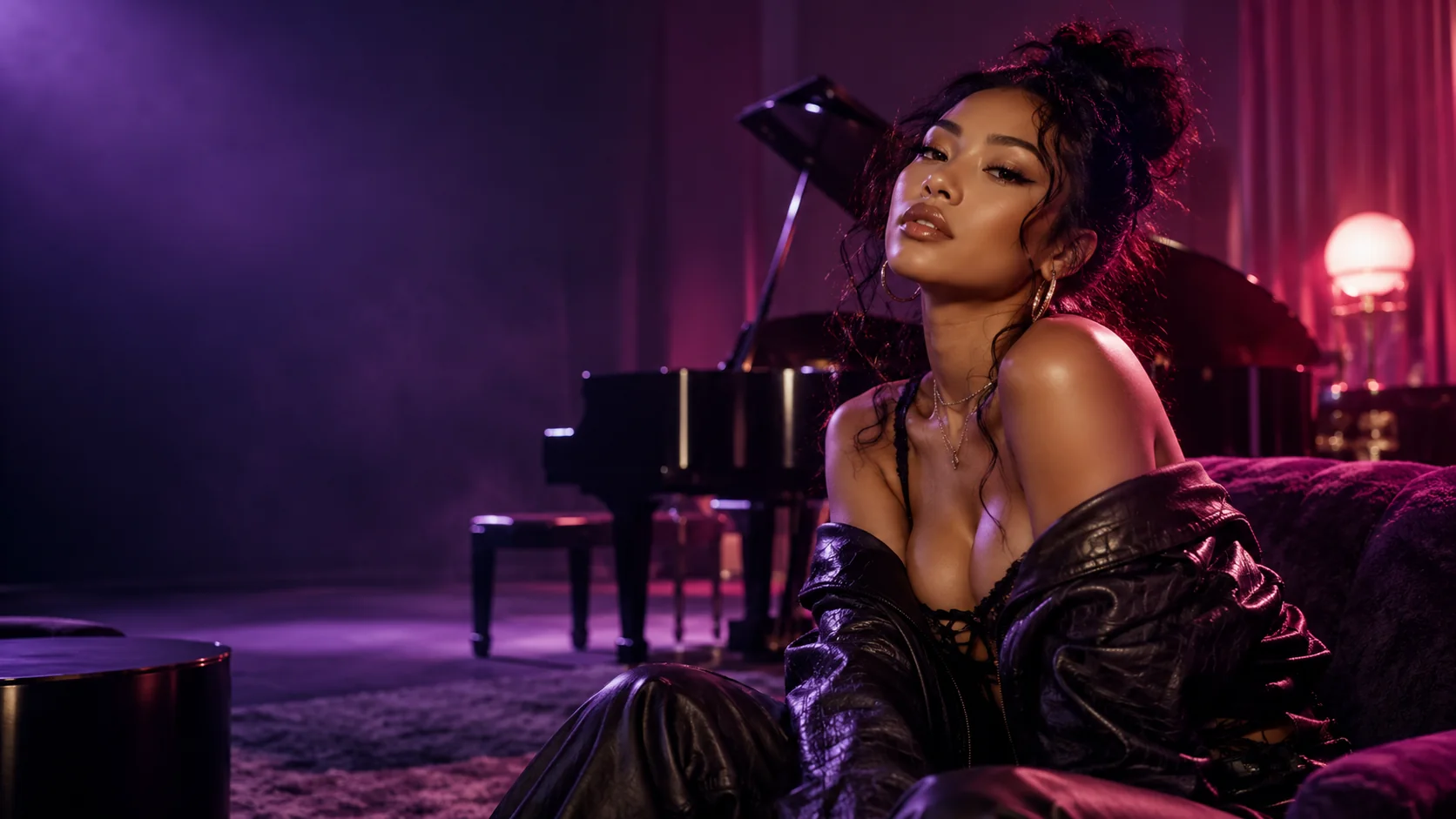 AI-generated portrait of fictional R&B musician Nova Echo in a neon-lit lounge