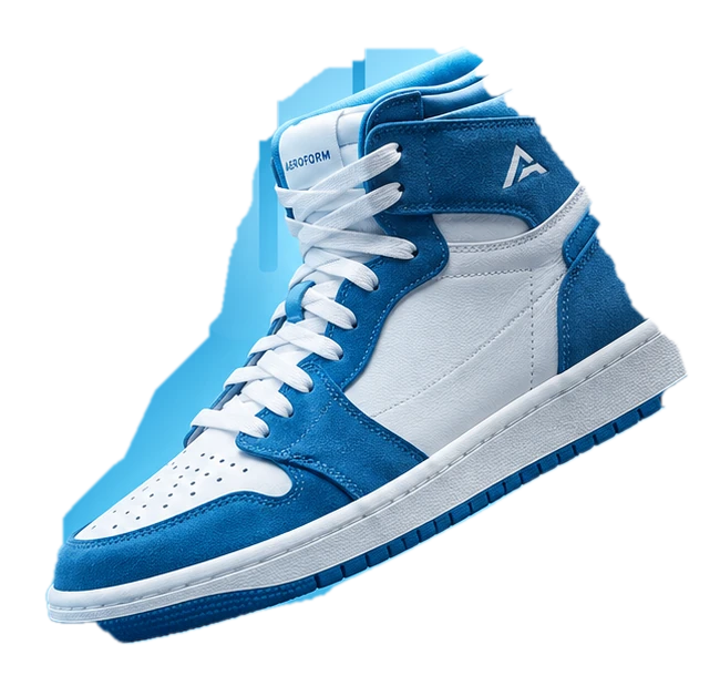 Photorealistic blue-and-white AEROFORM ONE high-top concept sneaker, angled above a cyan background