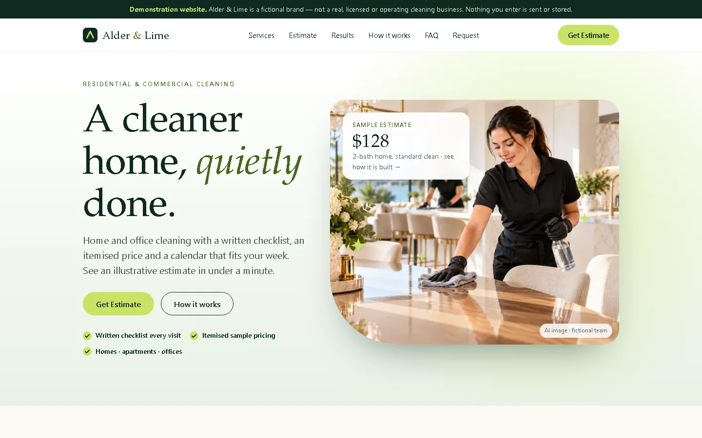 Real screenshot of the original Alder & Lime cleaning website showing the approved photo-led design